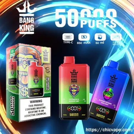 Bang King 50k : Nicotine : 0% 2% 3% 5% Puffs : 50000 Capacité : 50 ml Bobine en maille 1,0 ohm Batterie : 850 mah Écran d'affichage numérique : capacité de la batterie/capacité de l'e-liquide Débit d'air réglable 12 saveurs disponibles Type-C Pack : 10 pièces/boîte