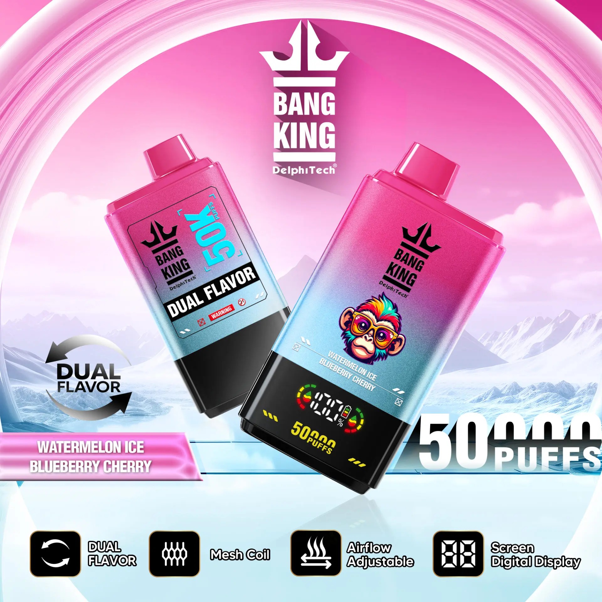 bang king 50k-watermelon ice&blueberry cherry:Nicotine: 0% 2% 3% 5% Puffs:50000 Capacity:50ml 1.0ohm Mesh Coil Battery:850mah Digital Display Screen: battery capacity/ e-liquid capacity Airflow Adjustable 12 flavors available Type-C Pack:10pc/box