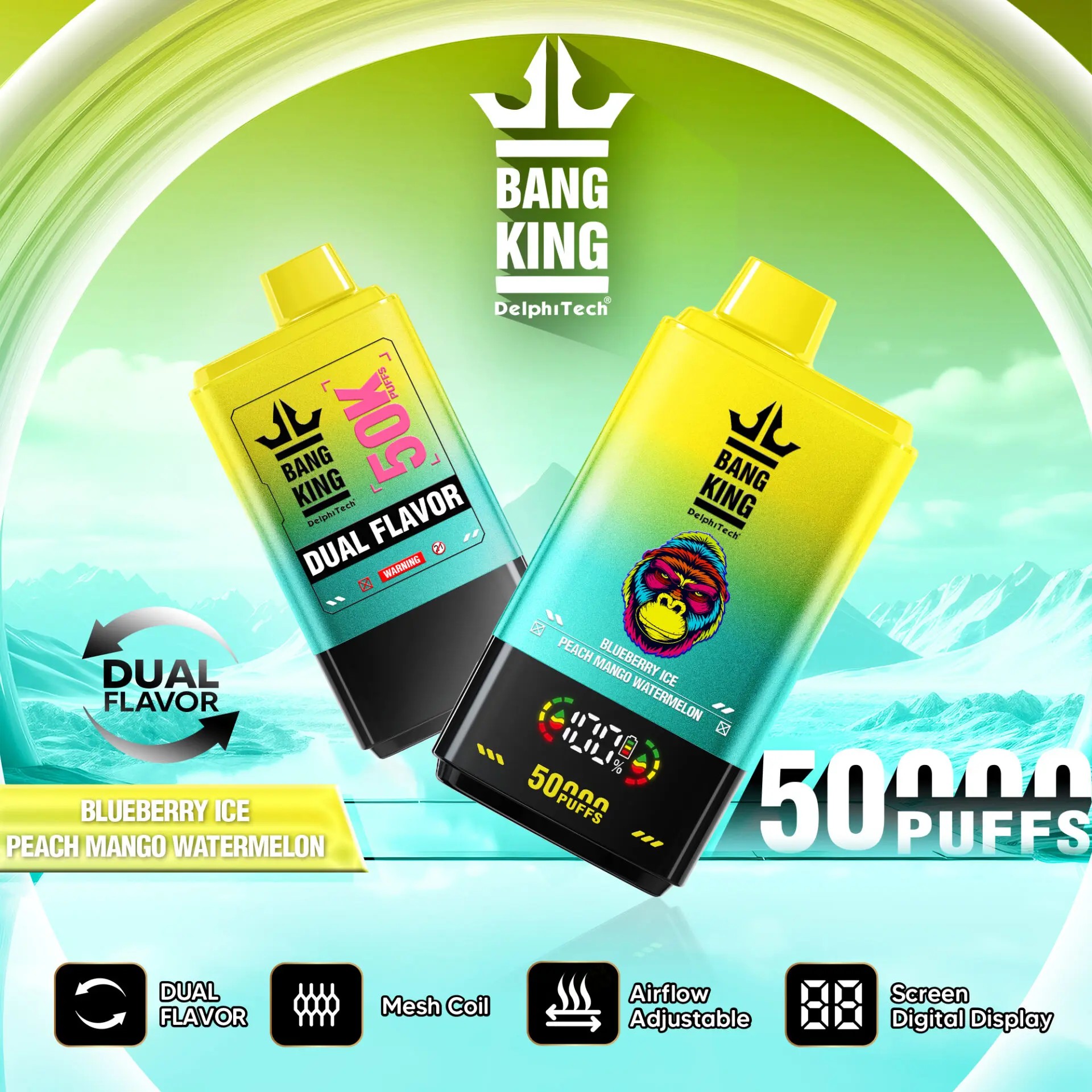 bang king 50k-blueberry ice&peach mango watermelon:Nicotine: 0% 2% 3% 5% Puffs:50000 Capacity:50ml 1.0ohm Mesh Coil Battery:850mah Digital Display Screen: battery capacity/ e-liquid capacity Airflow Adjustable 12 flavors available Type-C Pack:10pc/box