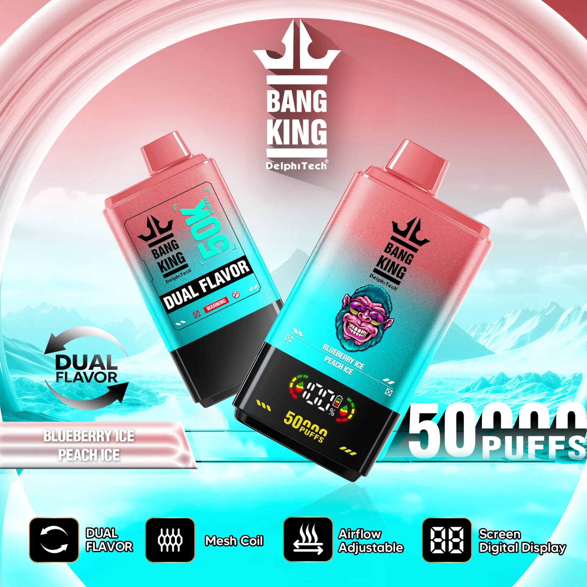bang king 50k-blueberry ice&peach ice:Nicotine: 0% 2% 3% 5% Puffs:50000 Capacity:50ml 1.0ohm Mesh Coil Battery:850mah Digital Display Screen: battery capacity/ e-liquid capacity Airflow Adjustable 12 flavors available Type-C Pack:10pc/box