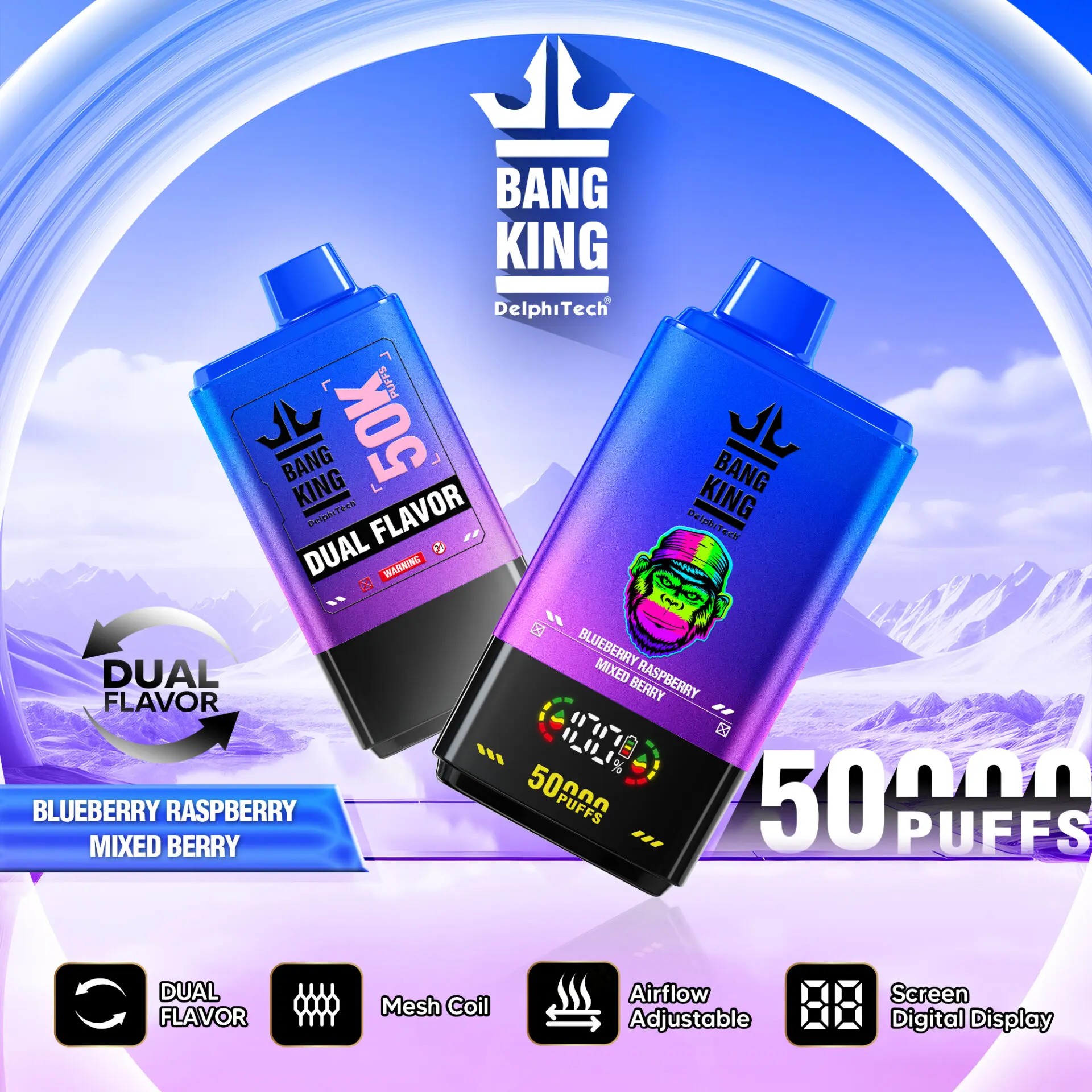 bang king 50k-blueberry raspberry&mixed berry:Nicotine: 0% 2% 3% 5% Puffs:50000 Capacity:50ml 1.0ohm Mesh Coil Battery:850mah Digital Display Screen: battery capacity/ e-liquid capacity Airflow Adjustable 12 flavors available Type-C Pack:10pc/box
