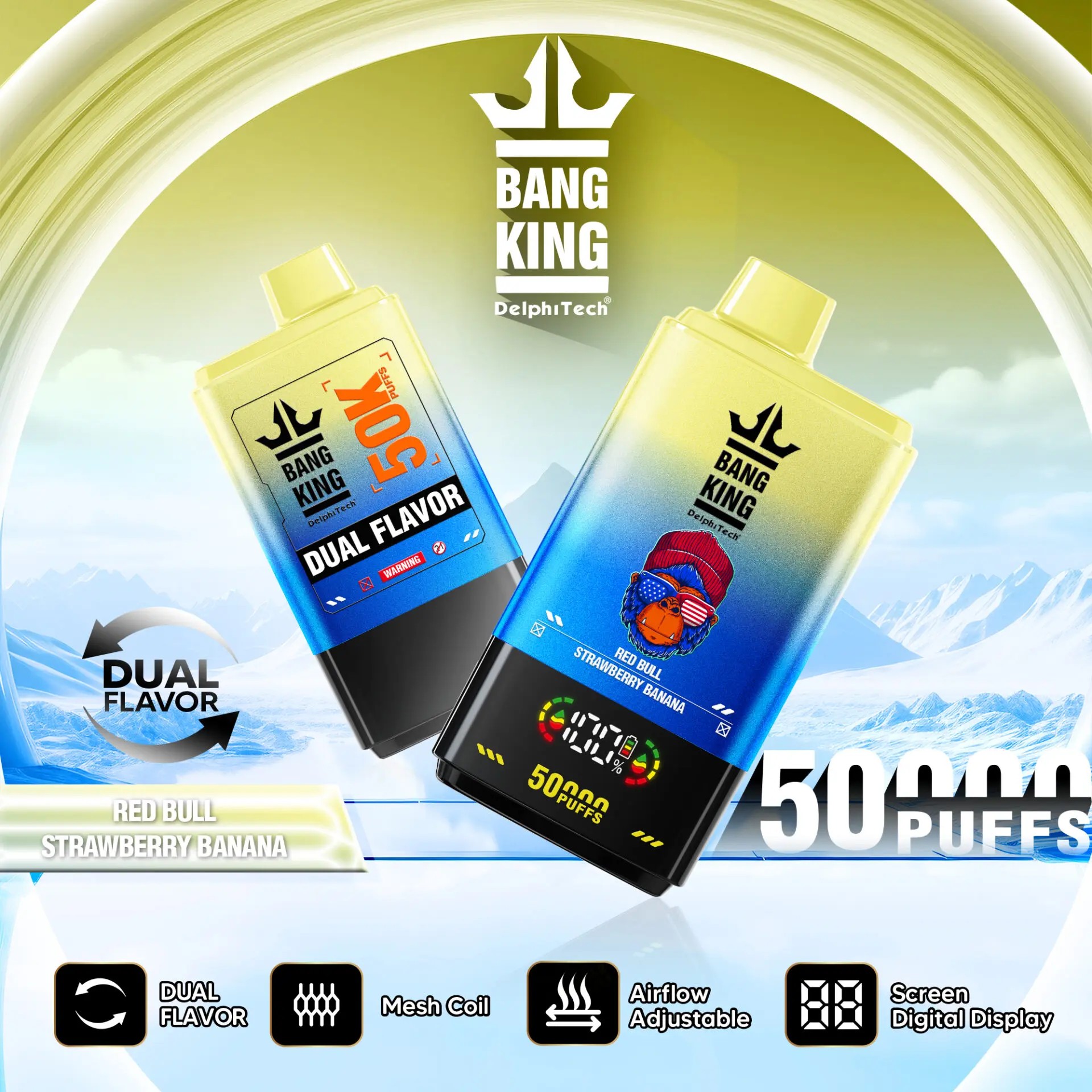 bang king 50k-red bull&strawberry banana:Nicotine: 0% 2% 3% 5% Puffs:50000 Capacity:50ml 1.0ohm Mesh Coil Battery:850mah Digital Display Screen: battery capacity/ e-liquid capacity Airflow Adjustable 12 flavors available Type-C Pack:10pc/box