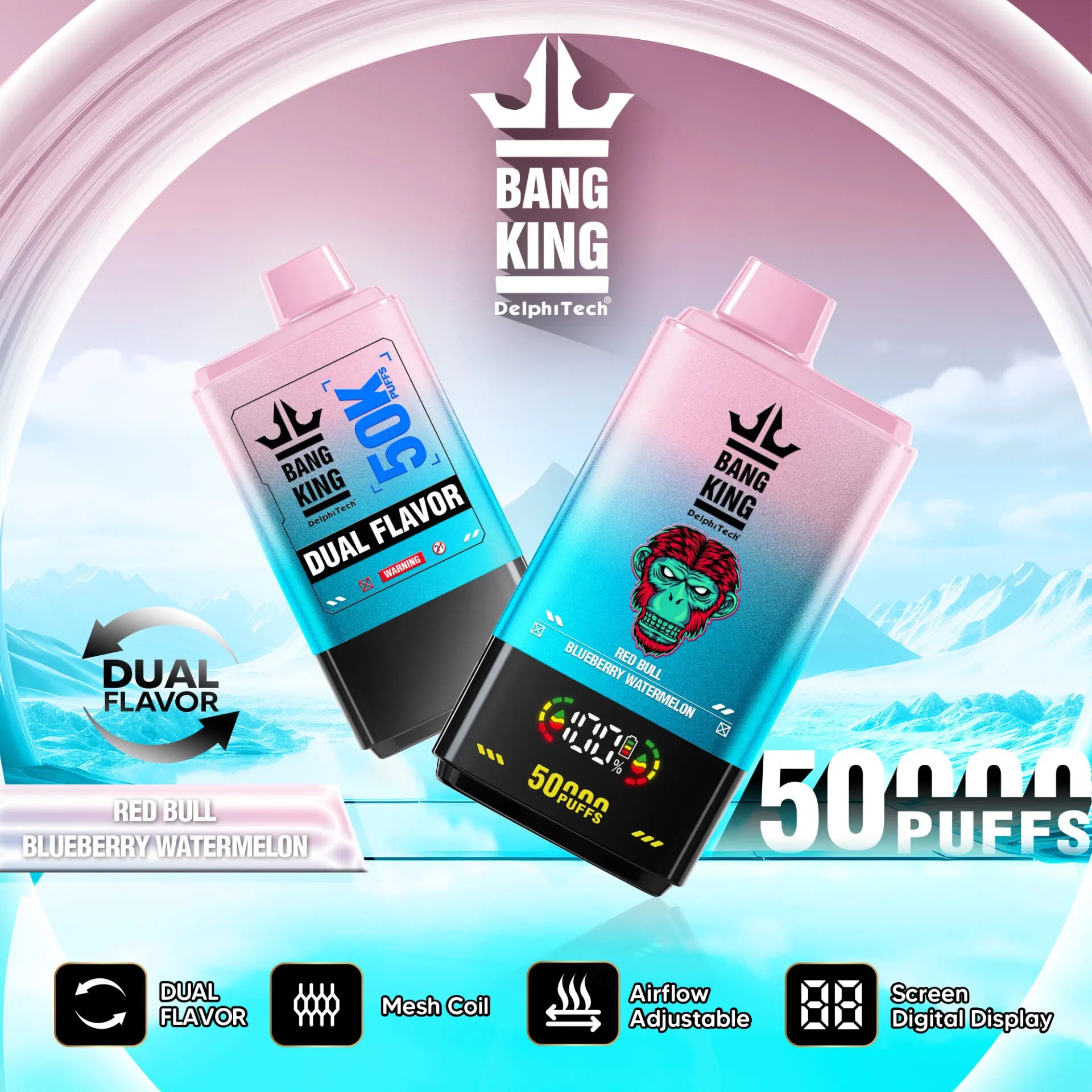 bang king 50k-red bull&blueberry watermelon:Nicotine: 0% 2% 3% 5% Puffs:50000 Capacity:50ml 1.0ohm Mesh Coil Battery:850mah Digital Display Screen: battery capacity/ e-liquid capacity Airflow Adjustable 12 flavors available Type-C Pack:10pc/box