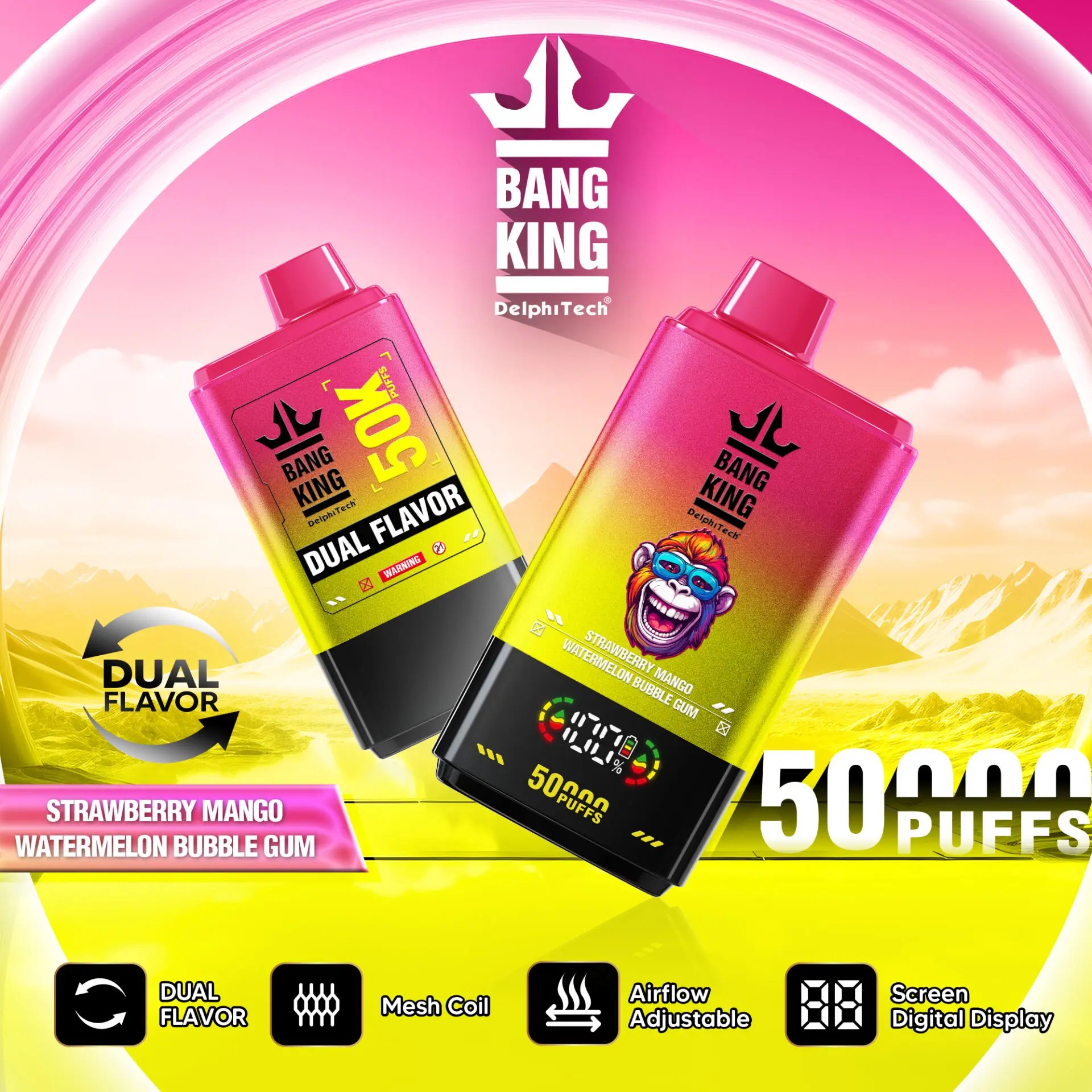 bang king 50k-strawberry mango&watermelon bubblegum:Nicotine: 0% 2% 3% 5% Puffs:50000 Capacity:50ml 1.0ohm Mesh Coil Battery:850mah Digital Display Screen: battery capacity/ e-liquid capacity Airflow Adjustable 12 flavors available Type-C Pack:10pc/box