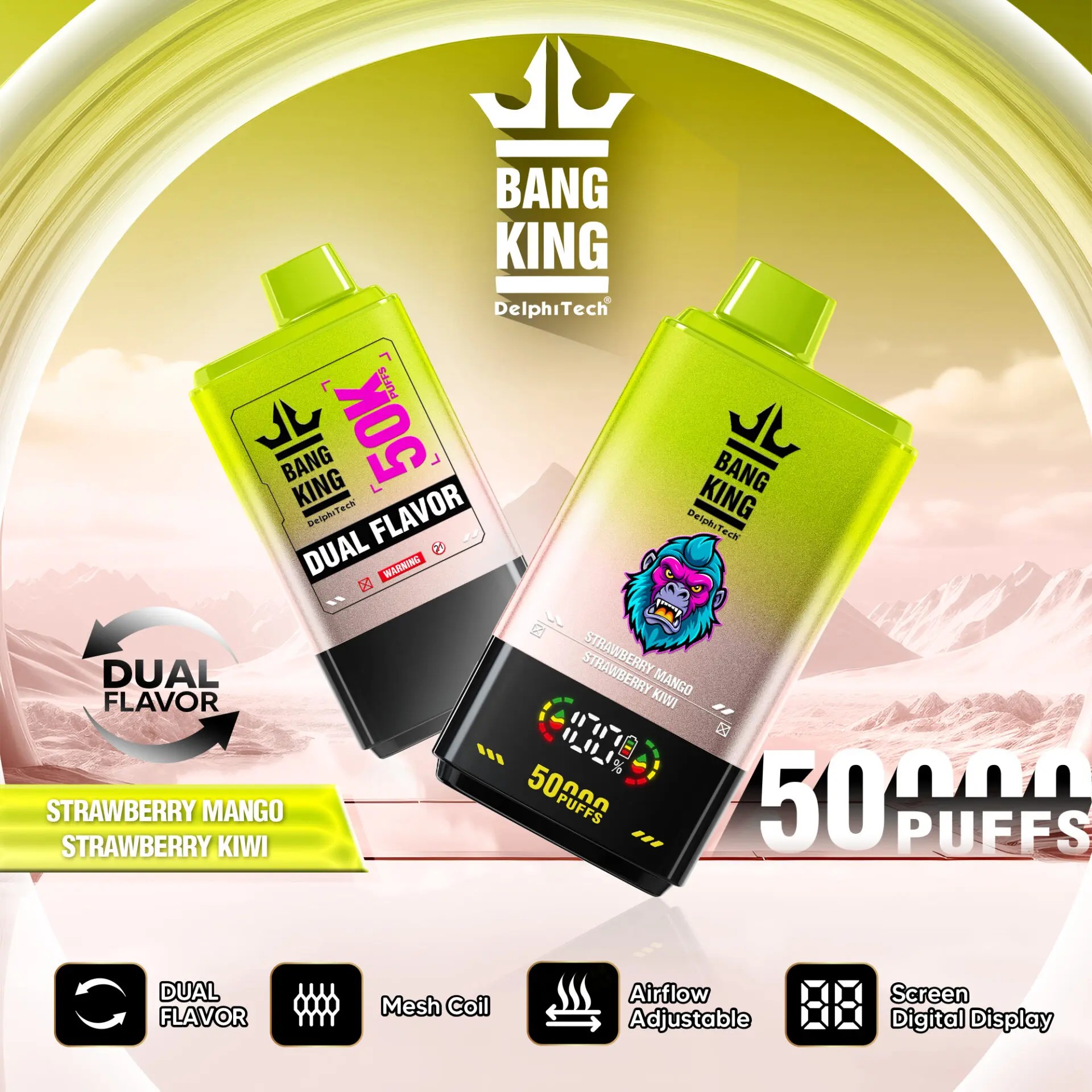 bang king 50k-strawberry mango&strawberry kiwi:Nicotine: 0% 2% 3% 5% Puffs:50000 Capacity:50ml 1.0ohm Mesh Coil Battery:850mah Digital Display Screen: battery capacity/ e-liquid capacity Airflow Adjustable 12 flavors available Type-C Pack:10pc/box
