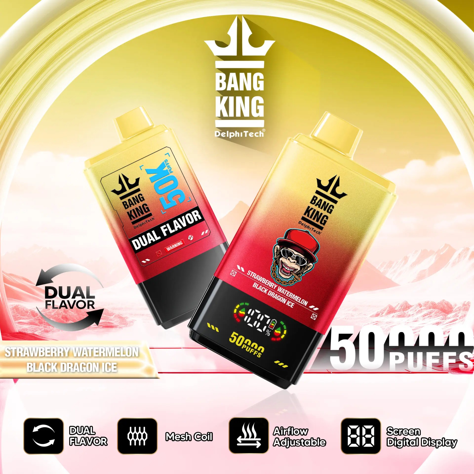 bang king 50k-strawberry watermelon&black dragon ice:Nicotine: 0% 2% 3% 5% Puffs:50000 Capacity:50ml 1.0ohm Mesh Coil Battery:850mah Digital Display Screen: battery capacity/ e-liquid capacity Airflow Adjustable 12 flavors available Type-C Pack:10pc/box