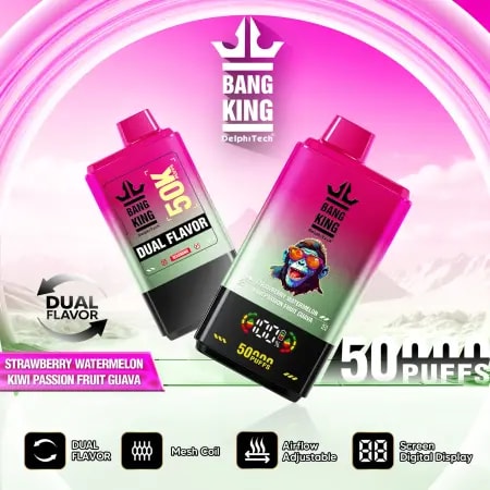 Bang King 50k-fraise pastèque et kiwi fruit de la passion goyave : Nicotine : 0% 2% 3% 5% Bouffées : 50000 Capacité : 50 ml Bobine en maille 1,0 ohm Batterie : 850 mah Écran d'affichage numérique : capacité de la batterie/capacité de l'e-liquide Débit d'air réglable 12 saveurs disponibles Type-C Pack : 10 pièces/boîte