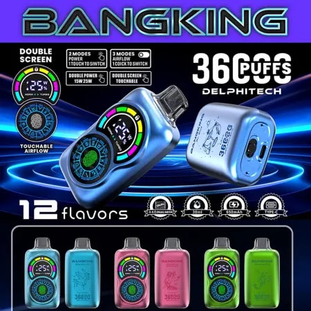 Bang King 36k Puffs Vape Teneur en nicotine : 0%, 2%, 3%, 5% Nombre de bouffées : jusqu'à 36 000 bouffées Capacité du e-liquide : 30 ml Type de bobine : bobine à double maille de 0,6 Ω Capacité de la batterie : batterie rechargeable de 650 mAh Double écran tactile Flux d'air tactile 2 modes Puissance (15 W/25 W) : 1 touche pour changer 3 modes Flux d'air : 1 clic pour changer Port de charge : charge rapide de type C Saveurs : 12 saveurs uniques Emballage : 10 pièces par boîte
