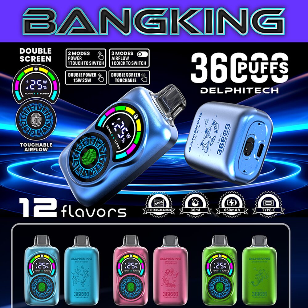 bang king 36k puffs vape Nicotine Strengths: 0%, 2%, 3%, 5% Puff Count: Up to 36,000 puffs E-Liquid Capacity: 30mL Coil Type: 0.6 Ω Dual mesh coil Battery Capacity: 650mAh rechargeable battery Double Screen Touchable Touchable Airflow 2 Modes Power(15W/25W):1 Touch to switch 3 Modes Airflow:1 Click to switch Charging Port: Type-C fast charging Flavors: 12 unique flavors Packaging: 10 pieces per box