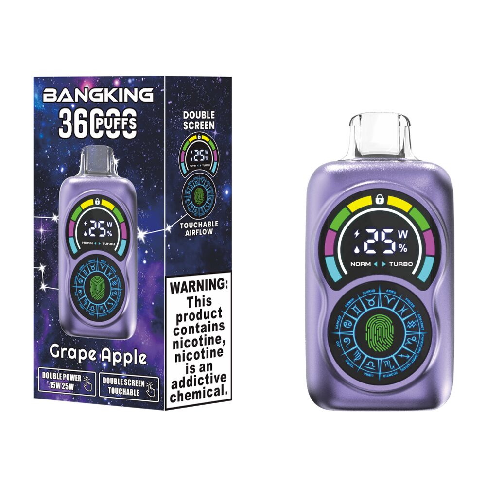 bang king 36k puffs vape Nicotine Strengths: 0%, 2%, 3%, 5% Puff Count: Up to 36,000 puffs E-Liquid Capacity: 30mL Coil Type: 0.6 Ω Dual mesh coil Battery Capacity: 650mAh rechargeable battery Double Screen Touchable Touchable Airflow 2 Modes Power(15W/25W):1 Touch to switch 3 Modes Airflow:1 Click to switch Charging Port: Type-C fast charging Flavors: 12 unique flavors Packaging: 10 pieces per box