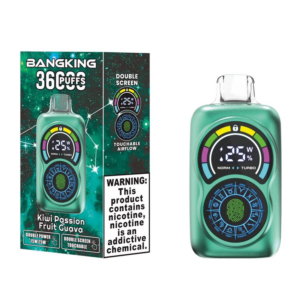 bang king 36k puffs vape Nicotine Strengths: 0%, 2%, 3%, 5% Puff Count: Up to 36,000 puffs E-Liquid Capacity: 30mL Coil Type: 0.6 Ω Dual mesh coil Battery Capacity: 650mAh rechargeable battery Double Screen Touchable Touchable Airflow 2 Modes Power(15W/25W):1 Touch to switch 3 Modes Airflow:1 Click to switch Charging Port: Type-C fast charging Flavors: 12 unique flavors Packaging: 10 pieces per box