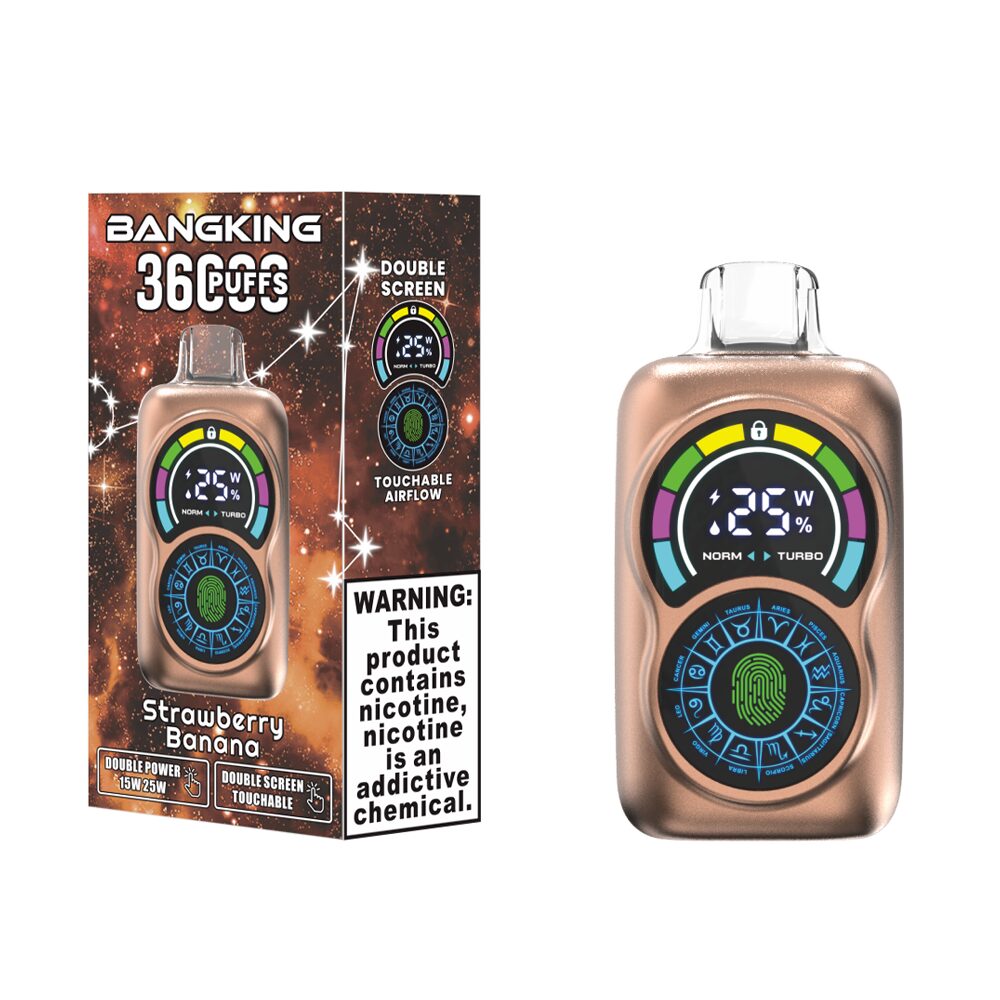 bang king 36k puffs vape Nicotine Strengths: 0%, 2%, 3%, 5% Puff Count: Up to 36,000 puffs E-Liquid Capacity: 30mL Coil Type: 0.6 Ω Dual mesh coil Battery Capacity: 650mAh rechargeable battery Double Screen Touchable Touchable Airflow 2 Modes Power(15W/25W):1 Touch to switch 3 Modes Airflow:1 Click to switch Charging Port: Type-C fast charging Flavors: 12 unique flavors Packaging: 10 pieces per box