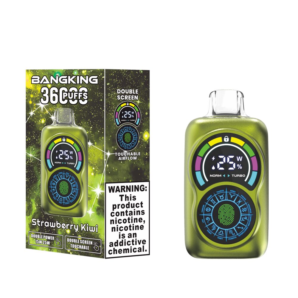 bang king 36k puffs vape Nicotine Strengths: 0%, 2%, 3%, 5% Puff Count: Up to 36,000 puffs E-Liquid Capacity: 30mL Coil Type: 0.6 Ω Dual mesh coil Battery Capacity: 650mAh rechargeable battery Double Screen Touchable Touchable Airflow 2 Modes Power(15W/25W):1 Touch to switch 3 Modes Airflow:1 Click to switch Charging Port: Type-C fast charging Flavors: 12 unique flavors Packaging: 10 pieces per box