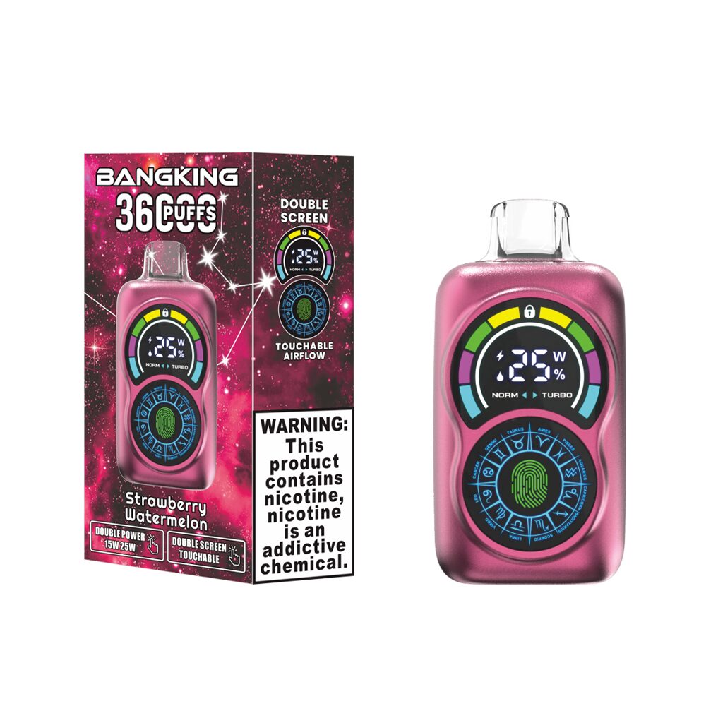 bang king 36k puffs vape Nicotine Strengths: 0%, 2%, 3%, 5% Puff Count: Up to 36,000 puffs E-Liquid Capacity: 30mL Coil Type: 0.6 Ω Dual mesh coil Battery Capacity: 650mAh rechargeable battery Double Screen Touchable Touchable Airflow 2 Modes Power(15W/25W):1 Touch to switch 3 Modes Airflow:1 Click to switch Charging Port: Type-C fast charging Flavors: 12 unique flavors Packaging: 10 pieces per box