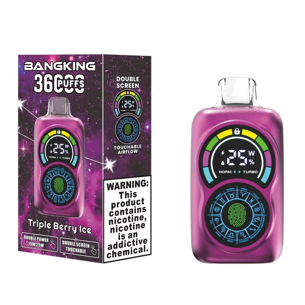 bang king 36k puffs vape Nicotine Strengths: 0%, 2%, 3%, 5% Puff Count: Up to 36,000 puffs E-Liquid Capacity: 30mL Coil Type: 0.6 Ω Dual mesh coil Battery Capacity: 650mAh rechargeable battery Double Screen Touchable Touchable Airflow 2 Modes Power(15W/25W):1 Touch to switch 3 Modes Airflow:1 Click to switch Charging Port: Type-C fast charging Flavors: 12 unique flavors Packaging: 10 pieces per box