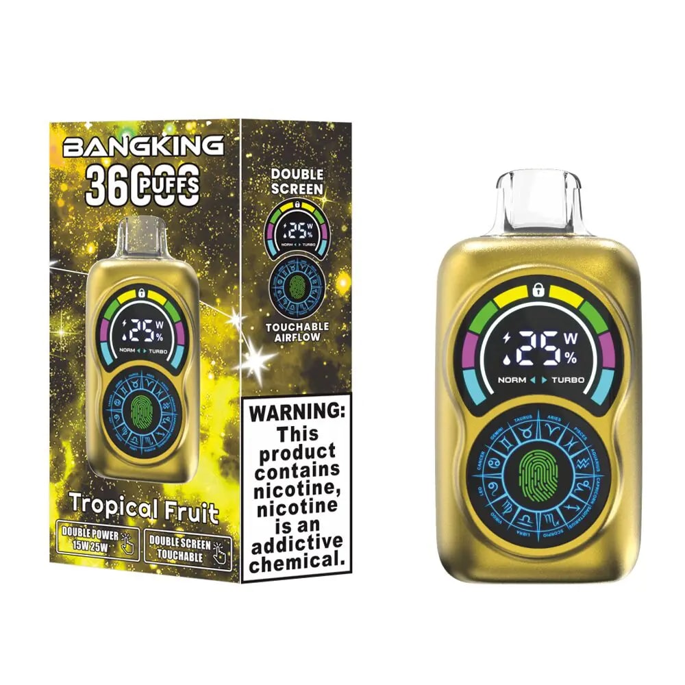 bang king 36k puffs vape Nicotine Strengths: 0%, 2%, 3%, 5% Puff Count: Up to 36,000 puffs E-Liquid Capacity: 30mL Coil Type: 0.6 Ω Dual mesh coil Battery Capacity: 650mAh rechargeable battery Double Screen Touchable Touchable Airflow 2 Modes Power(15W/25W):1 Touch to switch 3 Modes Airflow:1 Click to switch Charging Port: Type-C fast charging Flavors: 12 unique flavors Packaging: 10 pieces per box