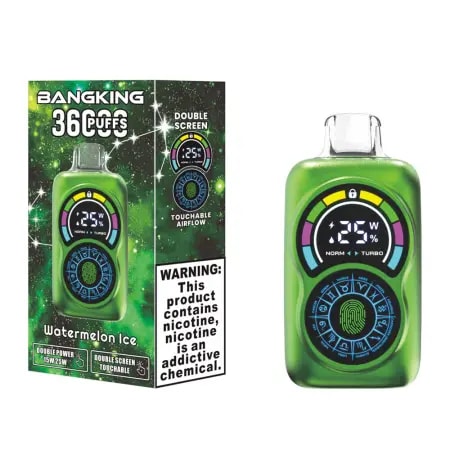 Bang King 36k Puffs Vape Teneur en nicotine : 0%, 2%, 3%, 5% Nombre de bouffées : jusqu'à 36 000 bouffées Capacité du e-liquide : 30 ml Type de bobine : bobine à double maille de 0,6 Ω Capacité de la batterie : batterie rechargeable de 650 mAh Double écran tactile Flux d'air tactile 2 modes Puissance (15 W/25 W) : 1 touche pour changer 3 modes Flux d'air : 1 clic pour changer Port de charge : charge rapide de type C Saveurs : 12 saveurs uniques Emballage : 10 pièces par boîte