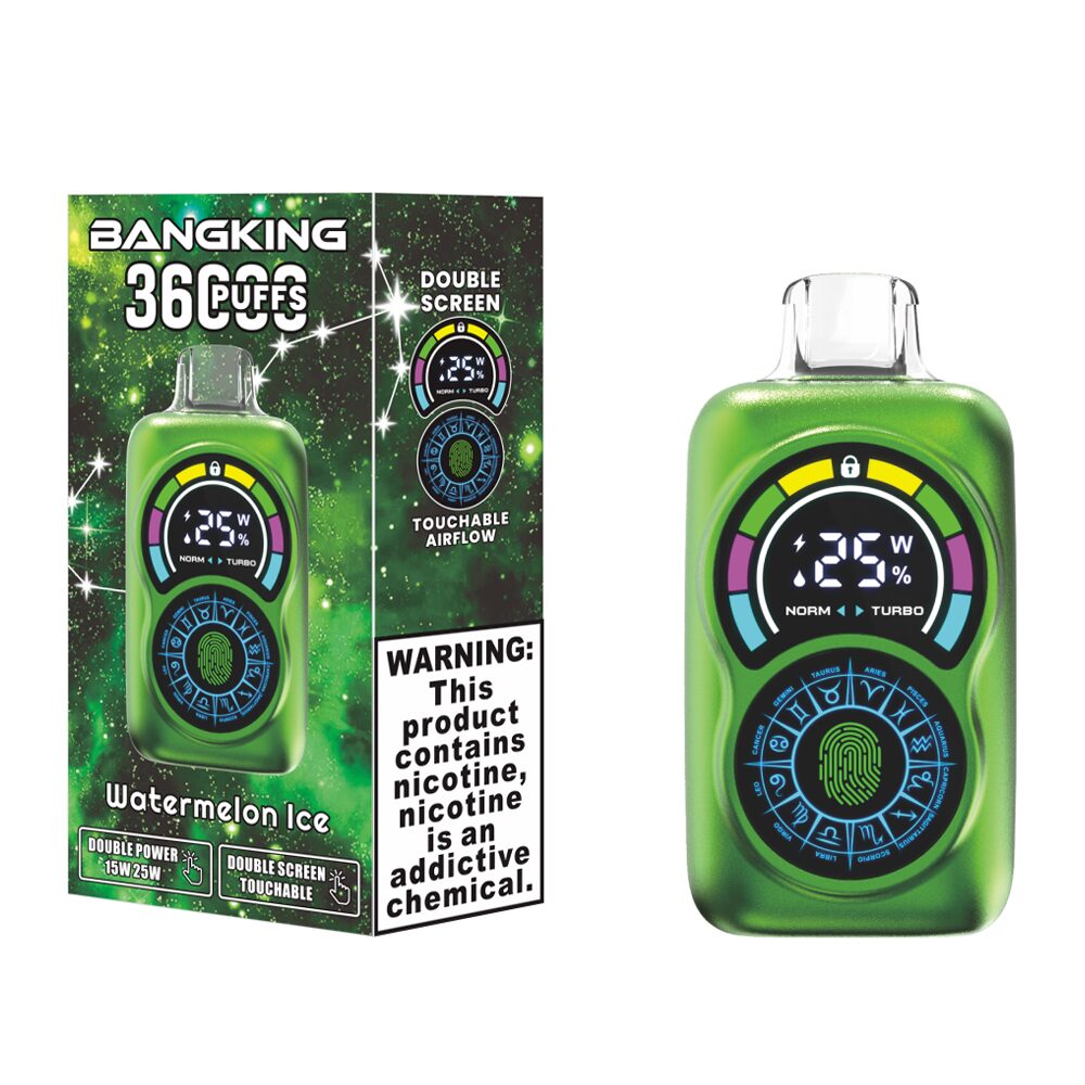 bang king 36k puffs vape Nicotine Strengths: 0%, 2%, 3%, 5% Puff Count: Up to 36,000 puffs E-Liquid Capacity: 30mL Coil Type: 0.6 Ω Dual mesh coil Battery Capacity: 650mAh rechargeable battery Double Screen Touchable Touchable Airflow 2 Modes Power(15W/25W):1 Touch to switch 3 Modes Airflow:1 Click to switch Charging Port: Type-C fast charging Flavors: 12 unique flavors Packaging: 10 pieces per box