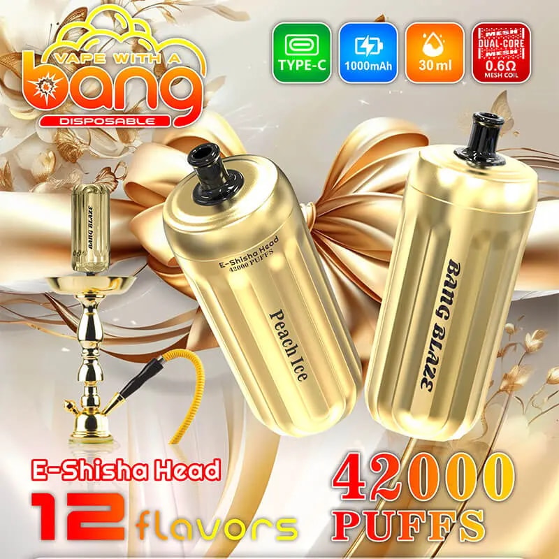 Bang Blaze 42000 42K Puffs Vape E-Shisha Head Original E-Cigarette-Nicotine Strengths： 0%, 2%, 3%, 5% Massive Puff Capacity ： 42000 puffs E-liquid capacity：30ml Dual Mesh Coil Technology:0.6Ω dual mesh coil Rechargeable Battery: 1000mAh battery Type-C fast charging 12 flavors Packaging: 10 Pieces per Box