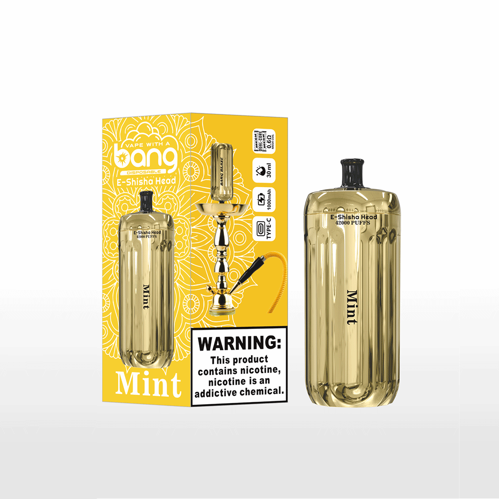 Bang Blaze 42000 42K Puffs Vape E-Shisha Head Original E-Cigarette-Nicotine Strengths: 0%, 2%, 3%, 5% Massive Puff Capacity : 42000 puffs E-liquid capacity:30ml Dual Mesh Coil Technology:0.6Ω dual mesh coil Rechargeable Battery: 1000mAh battery Type-C fast charging 12 flavors Packaging: 10 Pieces per Box