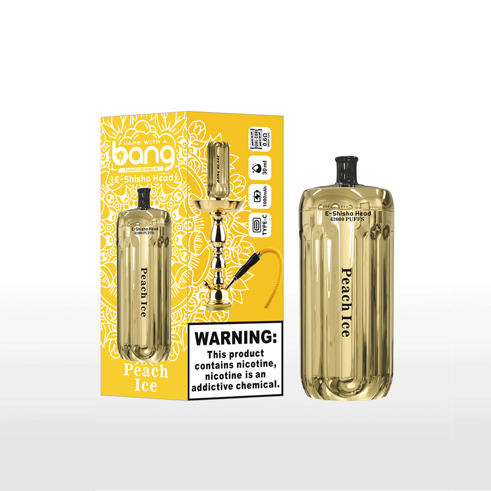 Bang Blaze 42000 42K Puffs Vape E-Shisha Head Original E-Cigarette-Nicotine Strengths: 0%, 2%, 3%, 5% Massive Puff Capacity : 42000 puffs E-liquid capacity:30ml Dual Mesh Coil Technology:0.6Ω dual mesh coil Rechargeable Battery: 1000mAh battery Type-C fast charging 12 flavors Packaging: 10 Pieces per Box