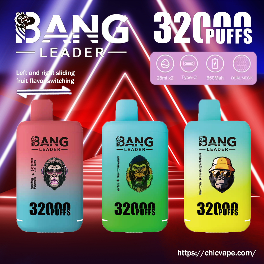 bang leader 32000 Concentrazioni di nicotina: 0%, 2%, 3%, 5% Numero di tiri: fino a 32000 tiri Capacità dell'e-liquid: due pod (28 ml + 28 ml) Doppia bobina a maglie Capacità della batteria: batteria ricaricabile da 650 mAh Aromi: 12 aromi unici Porta di ricarica: ricarica rapida di tipo C Confezione: 10 pezzi per scatola