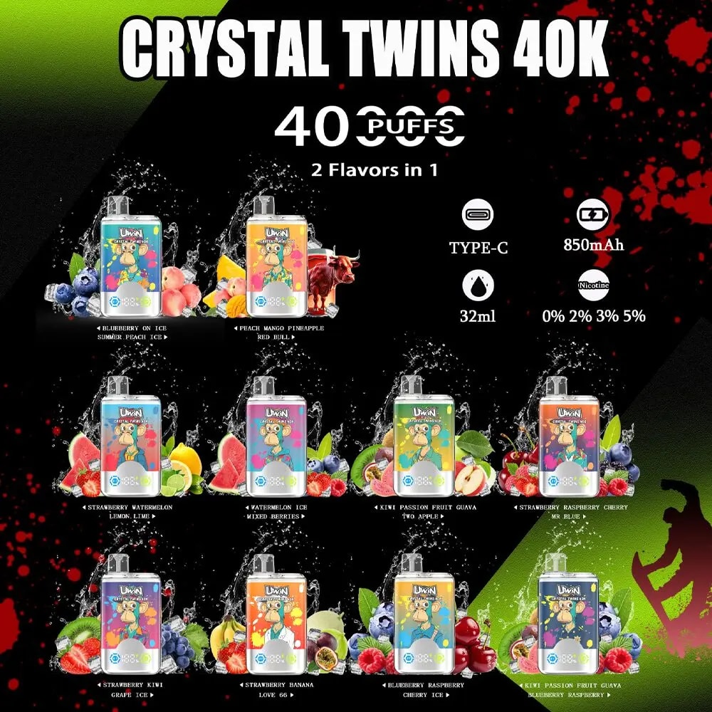 Uwin Crystal Twins 40K Puffs Vape Dual Flavors Original E-Zigarette-Nikotin Optionen: 0%, 2%, 3%, 5% Puffs: Bis zu 40.000 Züge E-Liquid Kapazität: 32ml Mesh Coil: 0,6Ω Wiederaufladbarer Akku: 850mAh Smart Screen Type-C Crystal Design Aromen: 10 Optionen verfügbar Verpackung: 10 Stück/Karton