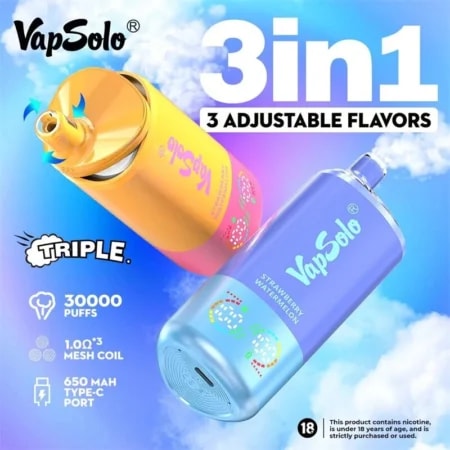 The VapSolo Triple 30K Puffs Vape features three flavors in one device, 30,000 puffs, a 650mAh rechargeable battery, LCD screen, triple mesh coil, and Type-C fast charging for a premium experience.