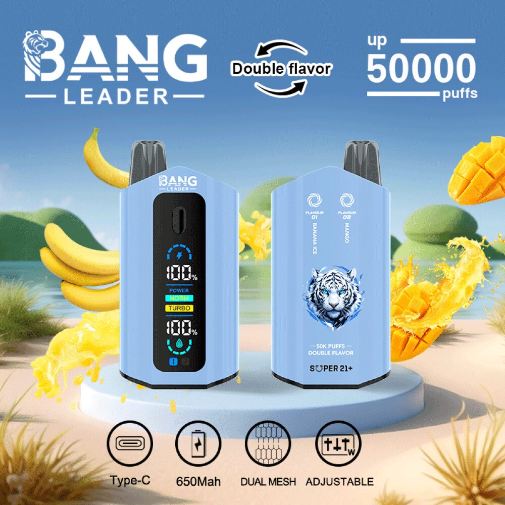 Der Bang Leader 50K Puffs Vape bietet 50.000 Züge, 36 ml E-Liquid, einen wiederaufladbaren 650 mAh-Akku, eine Dual-Mesh-Spule, einstellbare Wattzahl, zwei Geschmacksrichtungen, Typ-C-Laden und 12 einzigartige Geschmacksrichtungen.