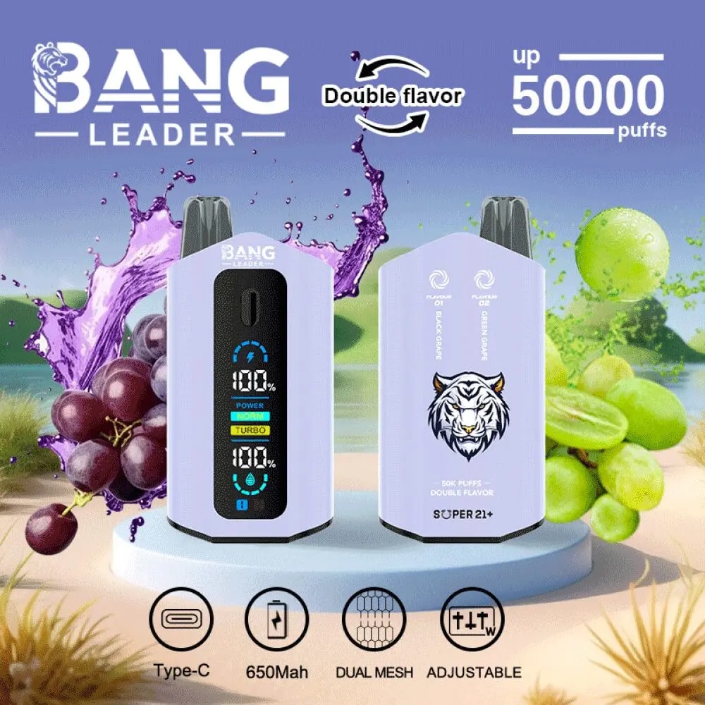 Der Bang Leader 50K Puffs Vape bietet 50.000 Züge, 36 ml E-Liquid, einen wiederaufladbaren 650 mAh-Akku, eine Dual-Mesh-Spule, einstellbare Wattzahl, zwei Geschmacksrichtungen, Typ-C-Laden und 12 einzigartige Geschmacksrichtungen.