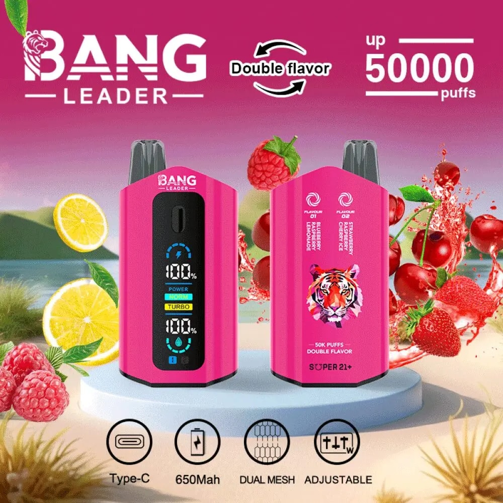 Der Bang Leader 50K Puffs Vape bietet 50.000 Züge, 36 ml E-Liquid, einen wiederaufladbaren 650 mAh-Akku, eine Dual-Mesh-Spule, einstellbare Wattzahl, zwei Geschmacksrichtungen, Typ-C-Laden und 12 einzigartige Geschmacksrichtungen.