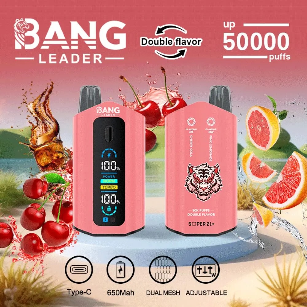 Der Bang Leader 50K Puffs Vape bietet 50.000 Züge, 36 ml E-Liquid, einen wiederaufladbaren 650 mAh-Akku, eine Dual-Mesh-Spule, einstellbare Wattzahl, zwei Geschmacksrichtungen, Typ-C-Laden und 12 einzigartige Geschmacksrichtungen.