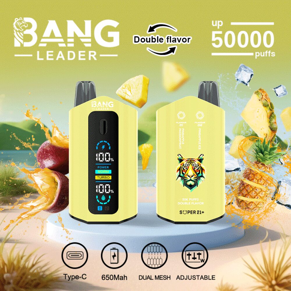 Der Bang Leader 50K Puffs Vape bietet 50.000 Züge, 36 ml E-Liquid, einen wiederaufladbaren 650 mAh-Akku, eine Dual-Mesh-Spule, einstellbare Wattzahl, zwei Geschmacksrichtungen, Typ-C-Laden und 12 einzigartige Geschmacksrichtungen.