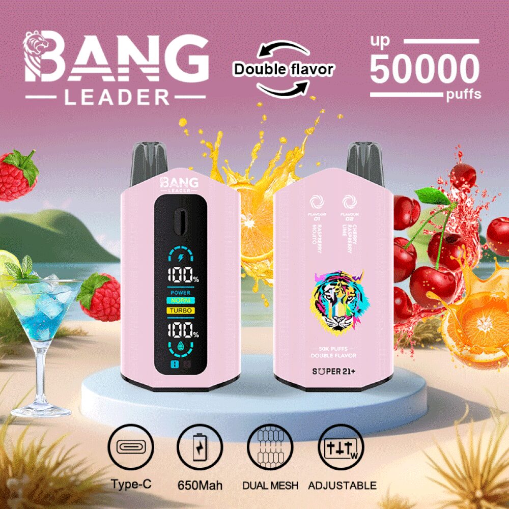 Der Bang Leader 50K Puffs Vape bietet 50.000 Züge, 36 ml E-Liquid, einen wiederaufladbaren 650 mAh-Akku, eine Dual-Mesh-Spule, einstellbare Wattzahl, zwei Geschmacksrichtungen, Typ-C-Laden und 12 einzigartige Geschmacksrichtungen.
