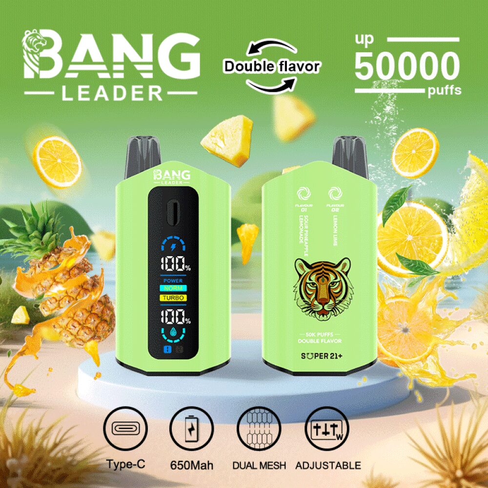 Der Bang Leader 50K Puffs Vape bietet 50.000 Züge, 36 ml E-Liquid, einen wiederaufladbaren 650 mAh-Akku, eine Dual-Mesh-Spule, einstellbare Wattzahl, zwei Geschmacksrichtungen, Typ-C-Laden und 12 einzigartige Geschmacksrichtungen.
