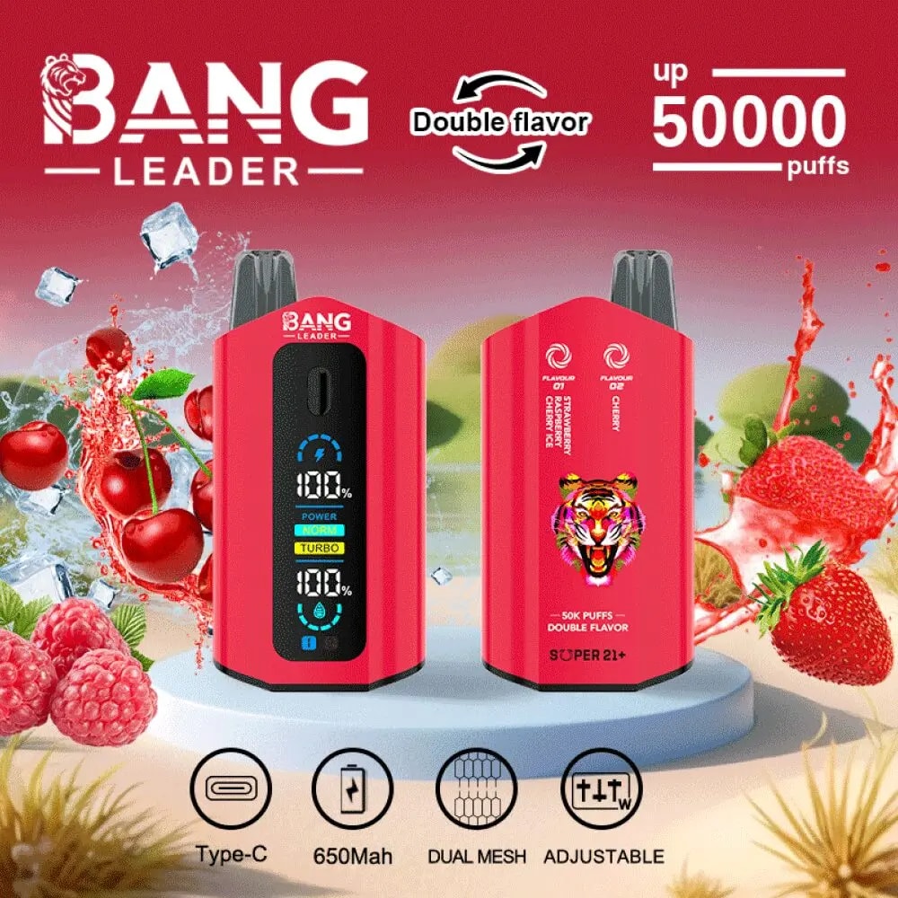 Der Bang Leader 50K Puffs Vape bietet 50.000 Züge, 36 ml E-Liquid, einen wiederaufladbaren 650 mAh-Akku, eine Dual-Mesh-Spule, einstellbare Wattzahl, zwei Geschmacksrichtungen, Typ-C-Laden und 12 einzigartige Geschmacksrichtungen.