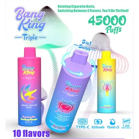 Bang King Triple 45000 Puffs Vape har tredubbla smaker, 45 000 puffar, 650mAh batteri, Type-C-laddning och en roterande design för sömlös smakväxling, vilket ger en långvarig och tillfredsställande upplevelse.