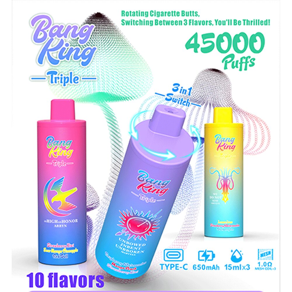 Le Bang King Triple 45000 Puffs Vape propose trois saveurs, 45 000 bouffées, une batterie de 650 mAh, une charge de type C et une conception rotative pour un changement de saveur transparent, offrant une expérience durable et satisfaisante.