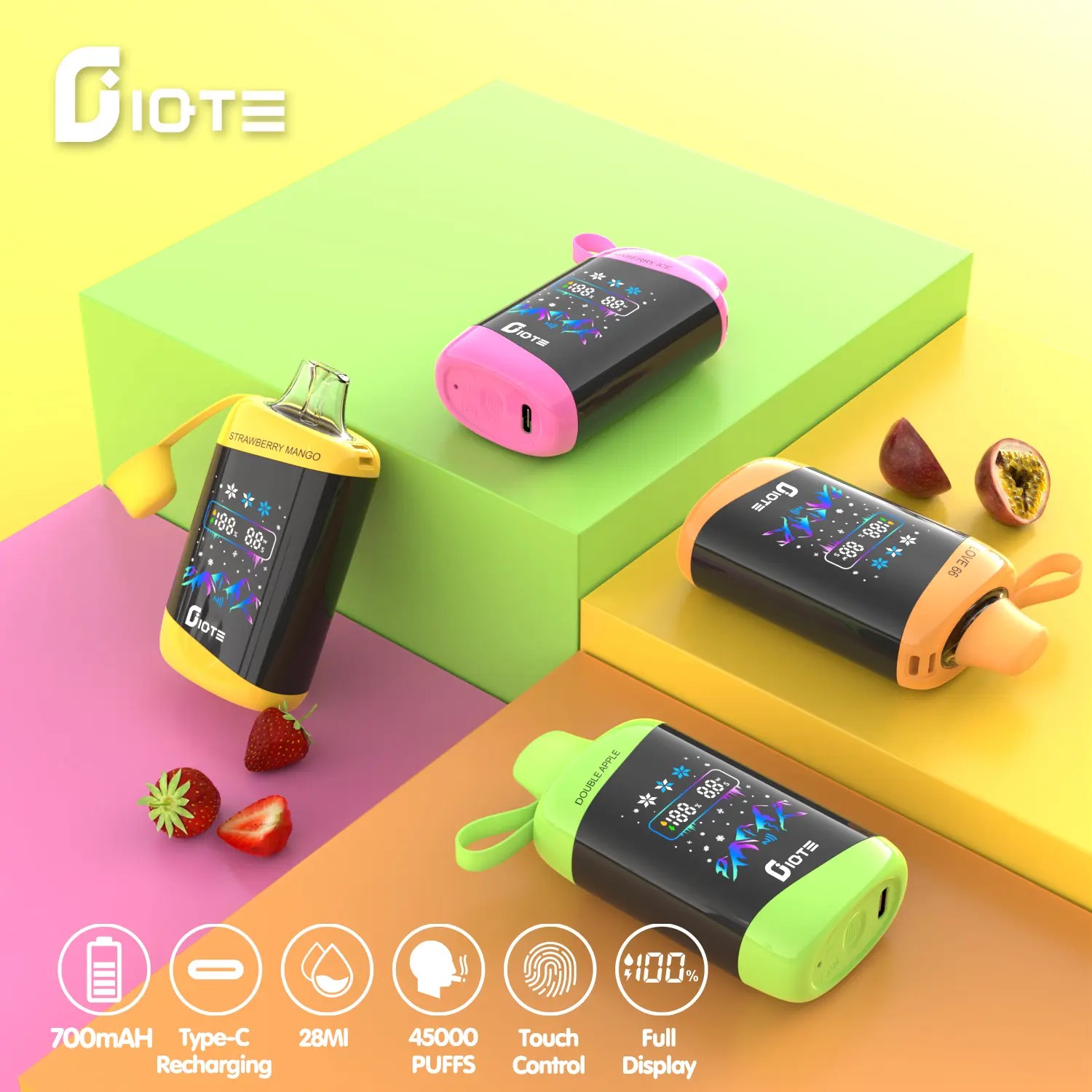 IQTE 45000 Puffs Vape har 45 000 puffar, 28mL e-vätska, 700mAh batteri, justerbar effekt (12W-24W), isstyrkekontroll, pekskärm, dubbel mesh-spole och Type-C-laddning för en premiumupplevelse.