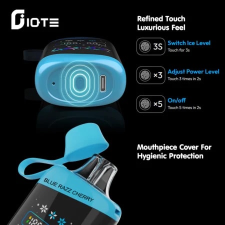 IQTE 45000 Puffs Vape har 45 000 puffar, 28mL e-vätska, 700mAh batteri, justerbar effekt (12W-24W), isstyrkekontroll, pekskärm, dubbel mesh-spole och Type-C-laddning för en premiumupplevelse.