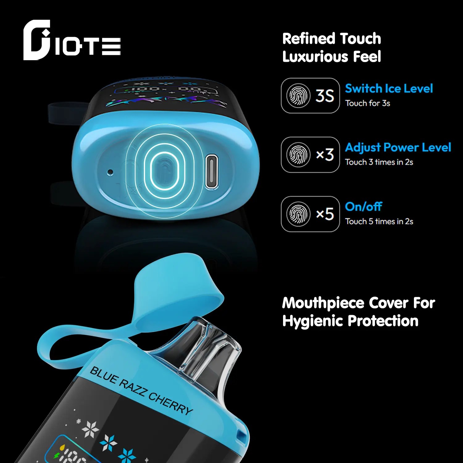 IQTE 45000 Puffs Vape har 45 000 puffar, 28mL e-vätska, 700mAh batteri, justerbar effekt (12W-24W), isstyrkekontroll, pekskärm, dubbel mesh-spole och Type-C-laddning för en premiumupplevelse.