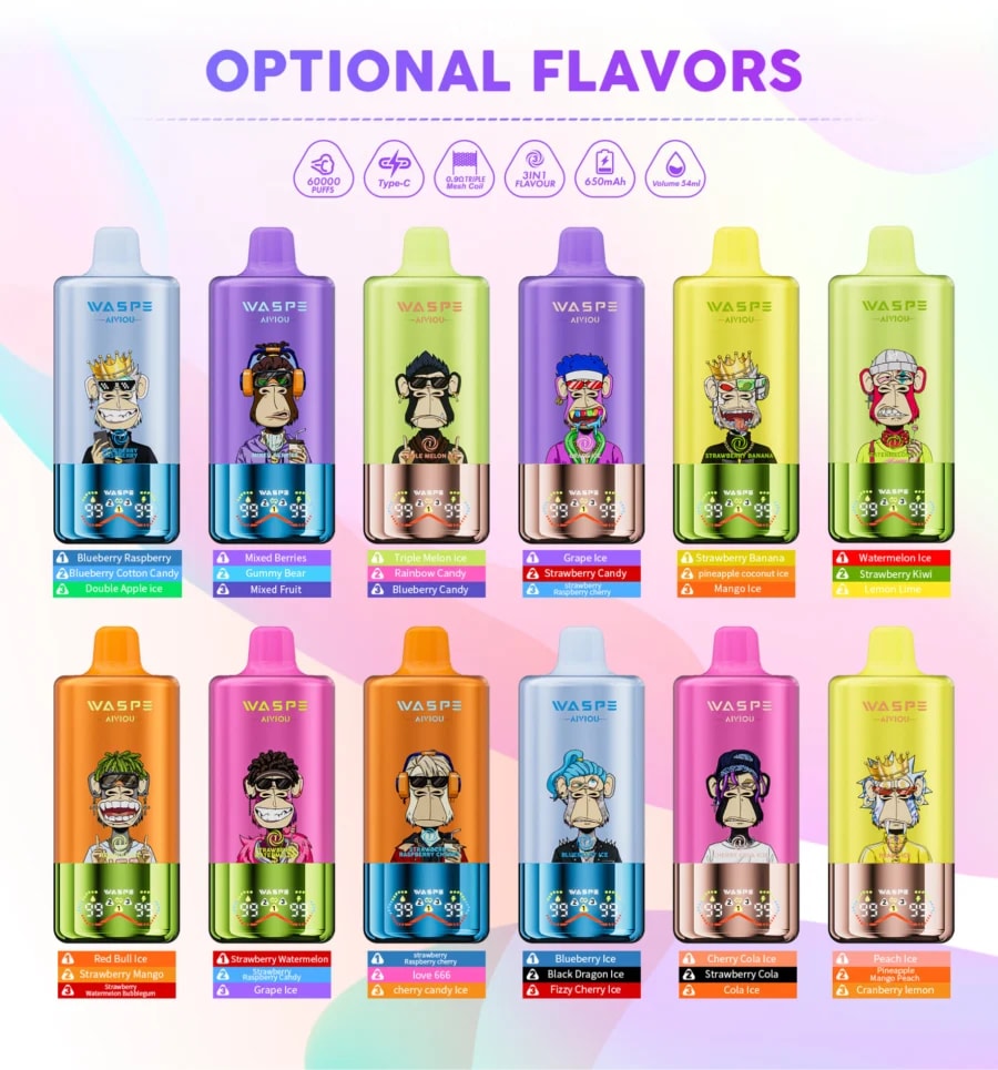 Waspe 60K Vape offre fino a 60.000 tiri, tripla possibilità di cambiare l'aroma, opzioni di nicotina 0–5%, e-liquid da 54 ml, display intelligente e ricarica rapida per un'esperienza di svapo potente e saporita.