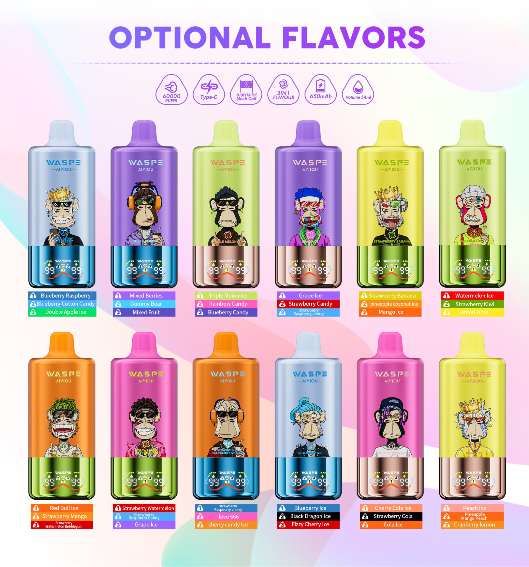 Waspe 60K Vape offers up to 60,000 puffs, triple switchable flavors, 0–5% nicotine options, 54mL e-liquid, smart display, and fast charging for a powerful, flavorful vaping experience.