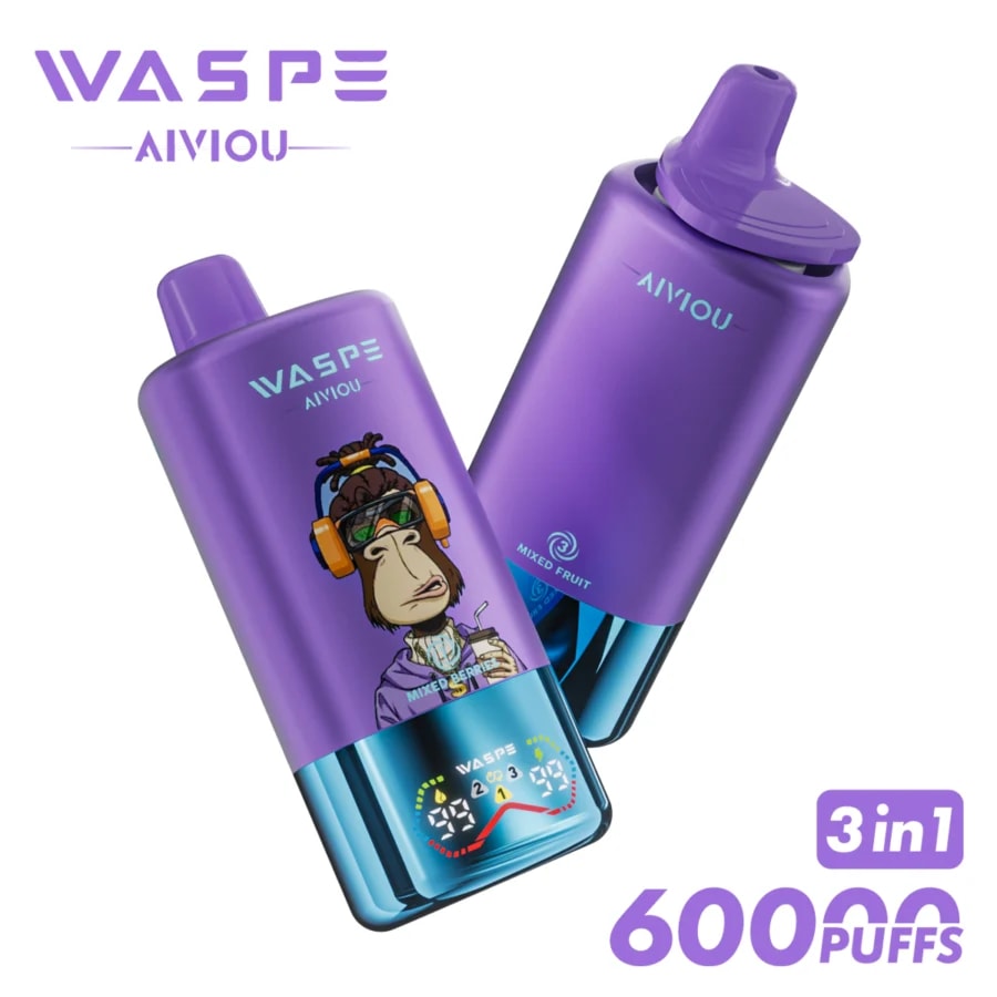 Waspe 60K Vape offre fino a 60.000 tiri, tripla possibilità di cambiare l'aroma, opzioni di nicotina 0–5%, e-liquid da 54 ml, display intelligente e ricarica rapida per un'esperienza di svapo potente e saporita.