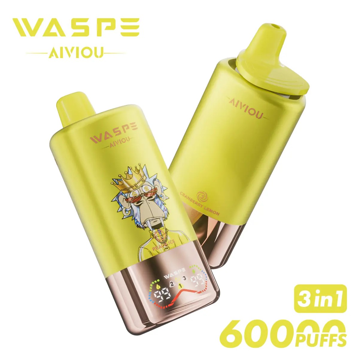 Waspe 60K Vape offre jusqu'à 60 000 bouffées, trois saveurs commutables, des options de nicotine 0–5%, un e-liquide de 54 ml, un écran intelligent et une charge rapide pour une expérience de vapotage puissante et savoureuse.