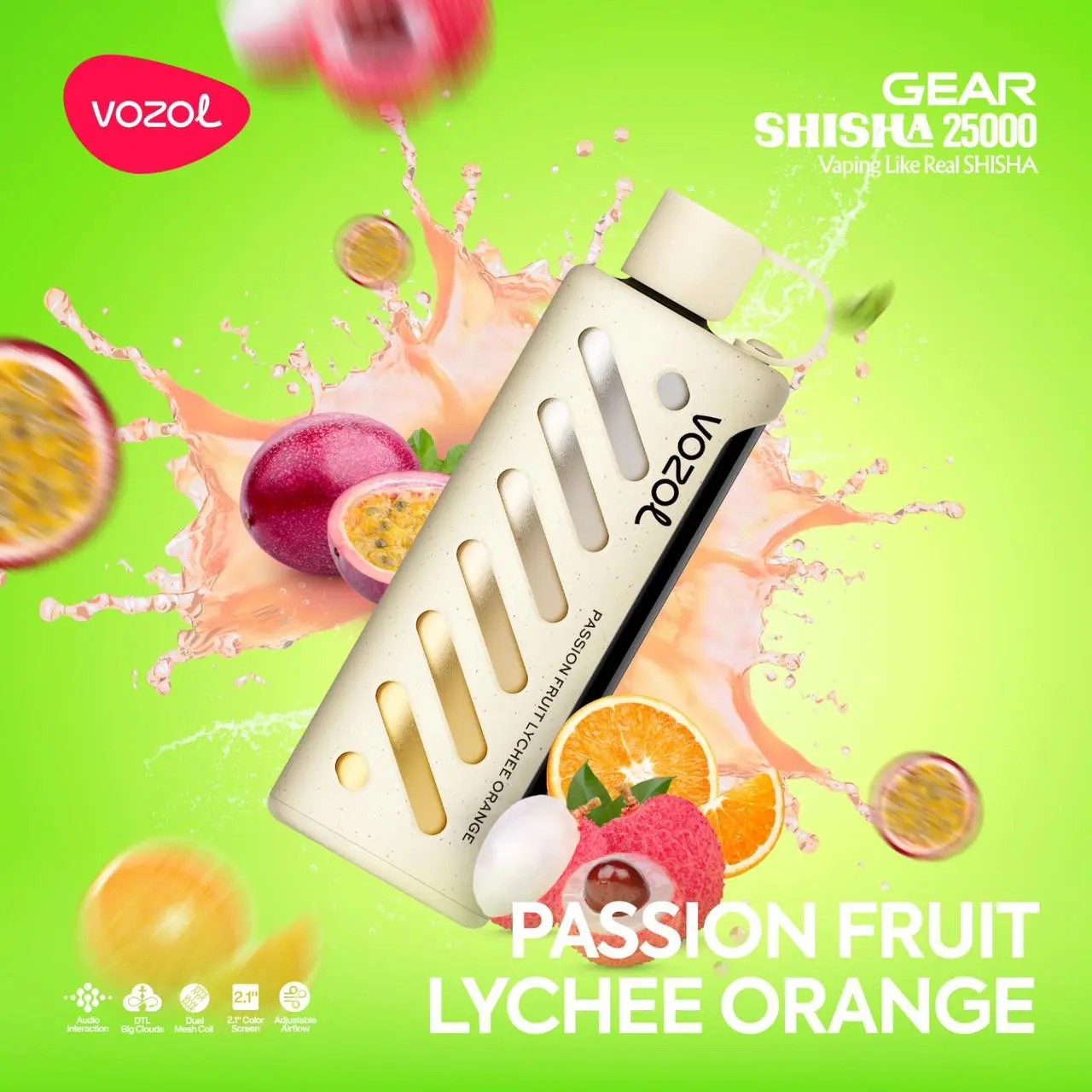 Der Vozol Gear Shisha 25K Puffs Vape bietet zwei Leistungsmodi, 25 ml E-Liquid, 5% Nikotin und 25.000 Züge. Zu den Features gehören ein Smart Chip, zwei Mesh-Coils, ein 2,1-Zoll-Bildschirm, Audio-Feedback und 21 Aromen für ein erstklassiges Dampferlebnis.