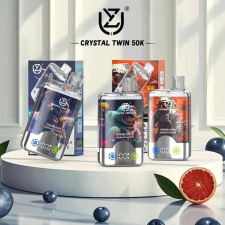 UZY Crystal Twin 50000 Puffs Vape ofrece sabores duales, bobinas de malla dual, e-líquido de 40 ml, pantalla LED inteligente y diseño de cristal para una experiencia de vapeo potente, sabrosa y duradera.
