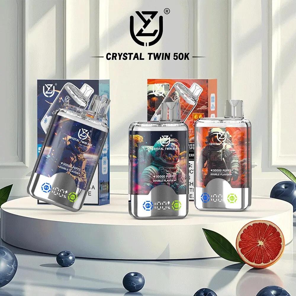 UZY Crystal Twin 50000 Puffs Vape bietet zwei Geschmacksrichtungen, zwei Mesh-Spulen, 40 ml E-Liquid, einen intelligenten LED-Bildschirm und ein Kristalldesign für ein kraftvolles, geschmackvolles und langanhaltendes Dampferlebnis.