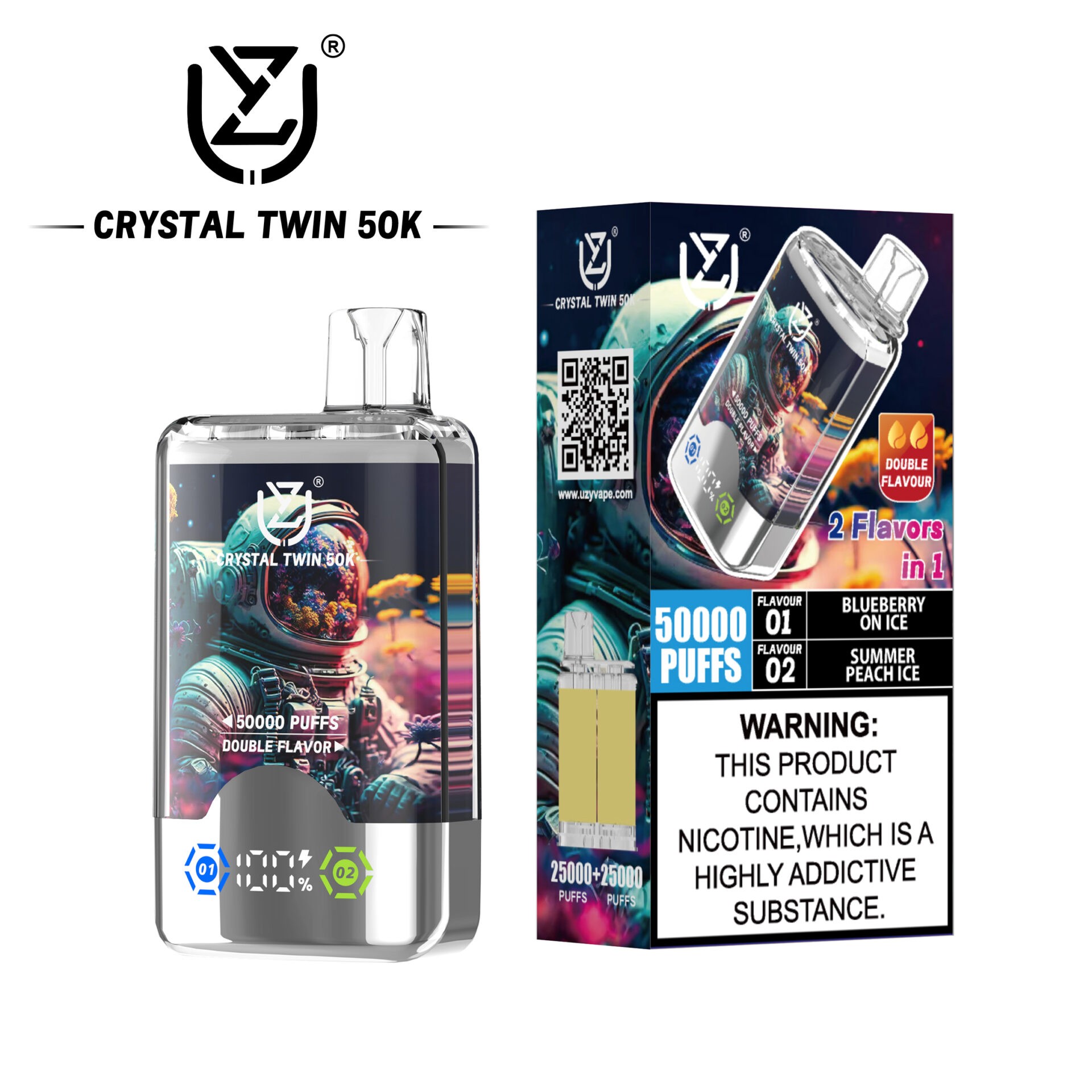 UZY Crystal Twin 50000 Puffs Vape bietet zwei Geschmacksrichtungen, zwei Mesh-Spulen, 40 ml E-Liquid, einen intelligenten LED-Bildschirm und ein Kristalldesign für ein kraftvolles, geschmackvolles und langanhaltendes Dampferlebnis.