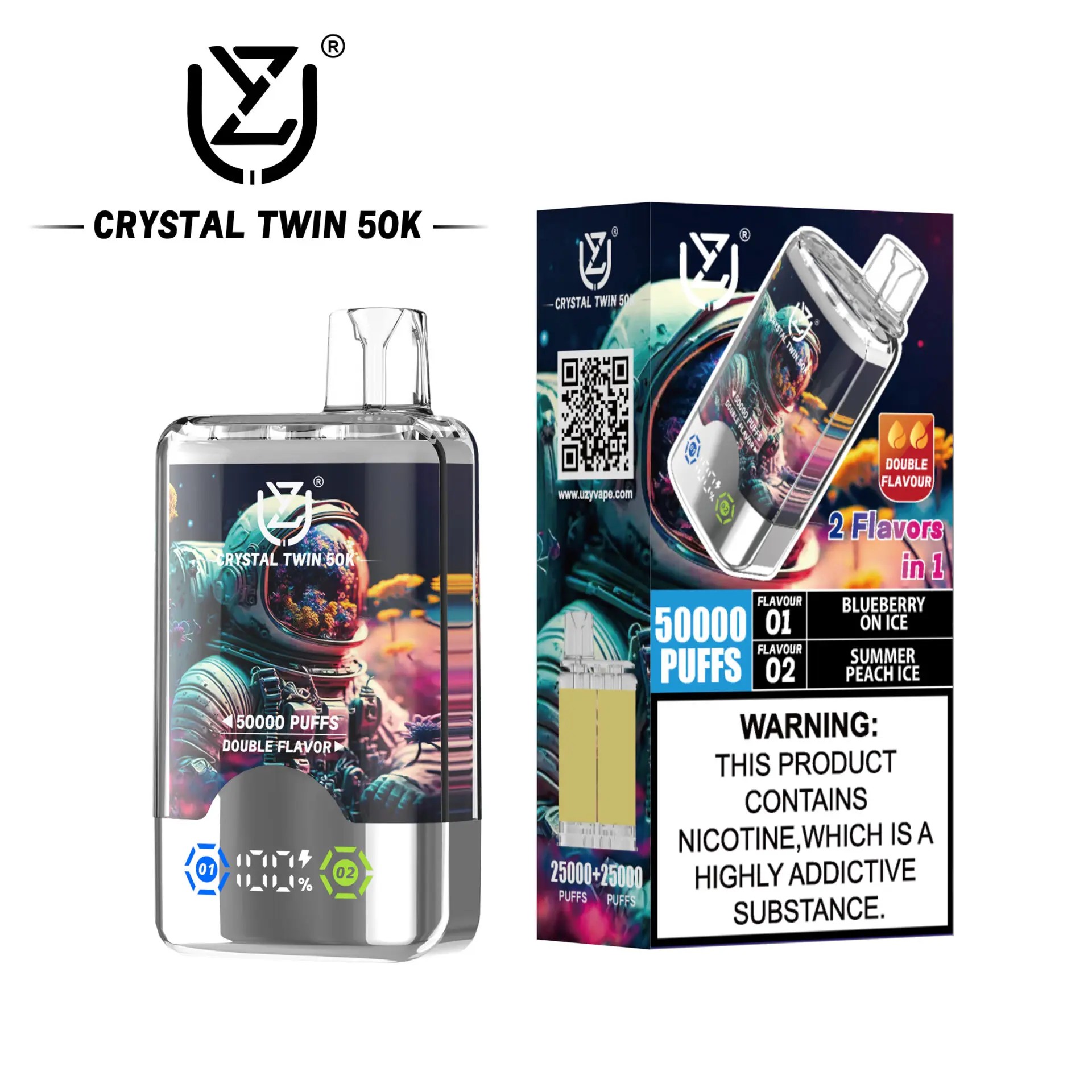UZY Crystal Twin 50000 Puffs Vape bietet zwei Geschmacksrichtungen, zwei Mesh-Spulen, 40 ml E-Liquid, einen intelligenten LED-Bildschirm und ein Kristalldesign für ein kraftvolles, geschmackvolles und langanhaltendes Dampferlebnis.